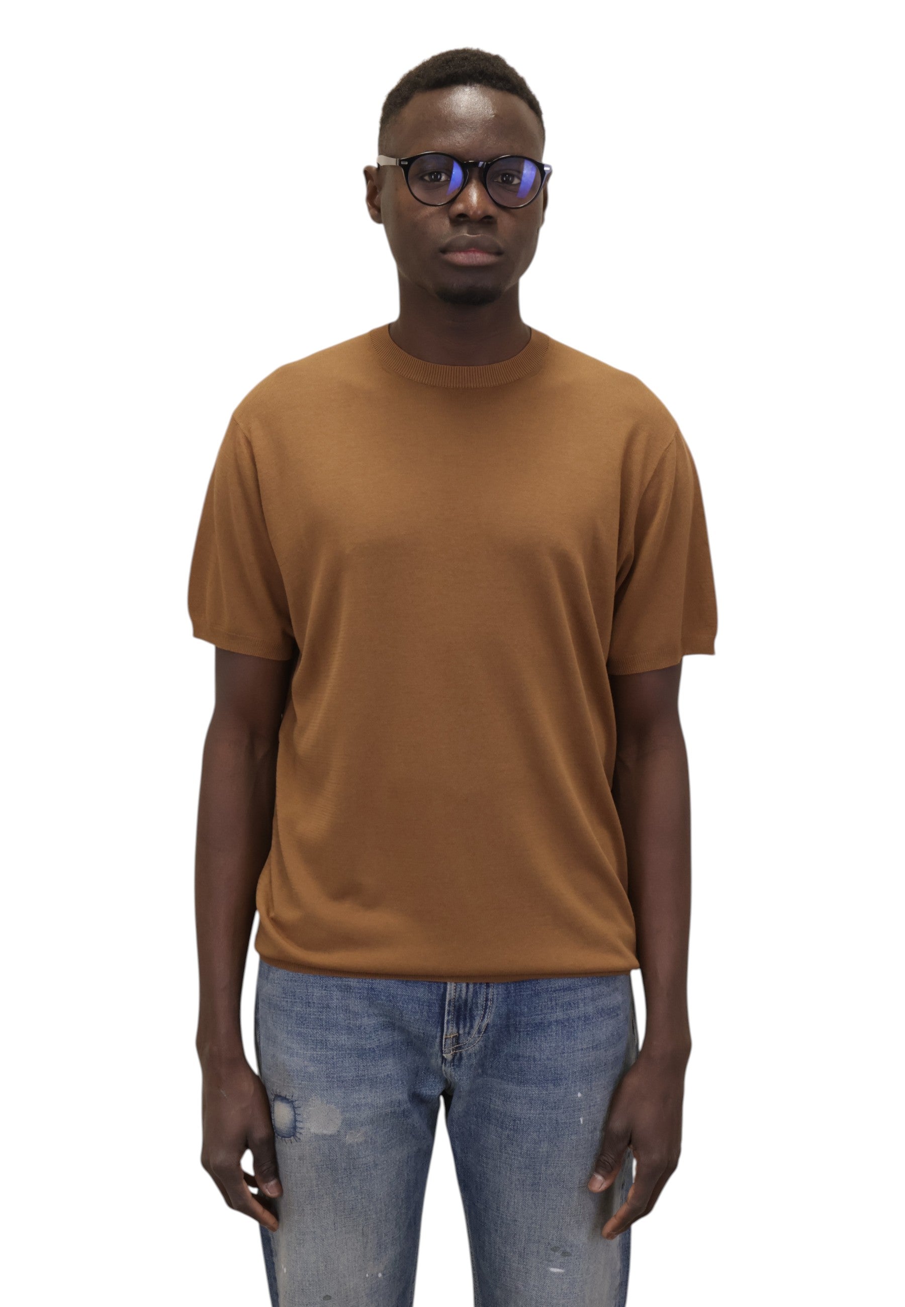 GIROCOLLO MANICA CORTA Marrone Blu Cashmere