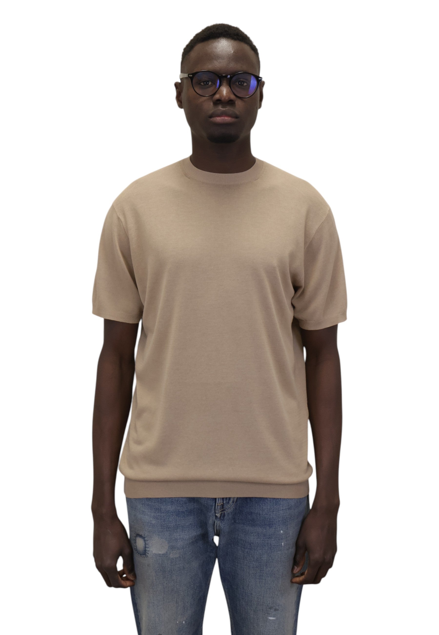 GIROCOLLO MANICA CORTA Beige Blu Cashmere