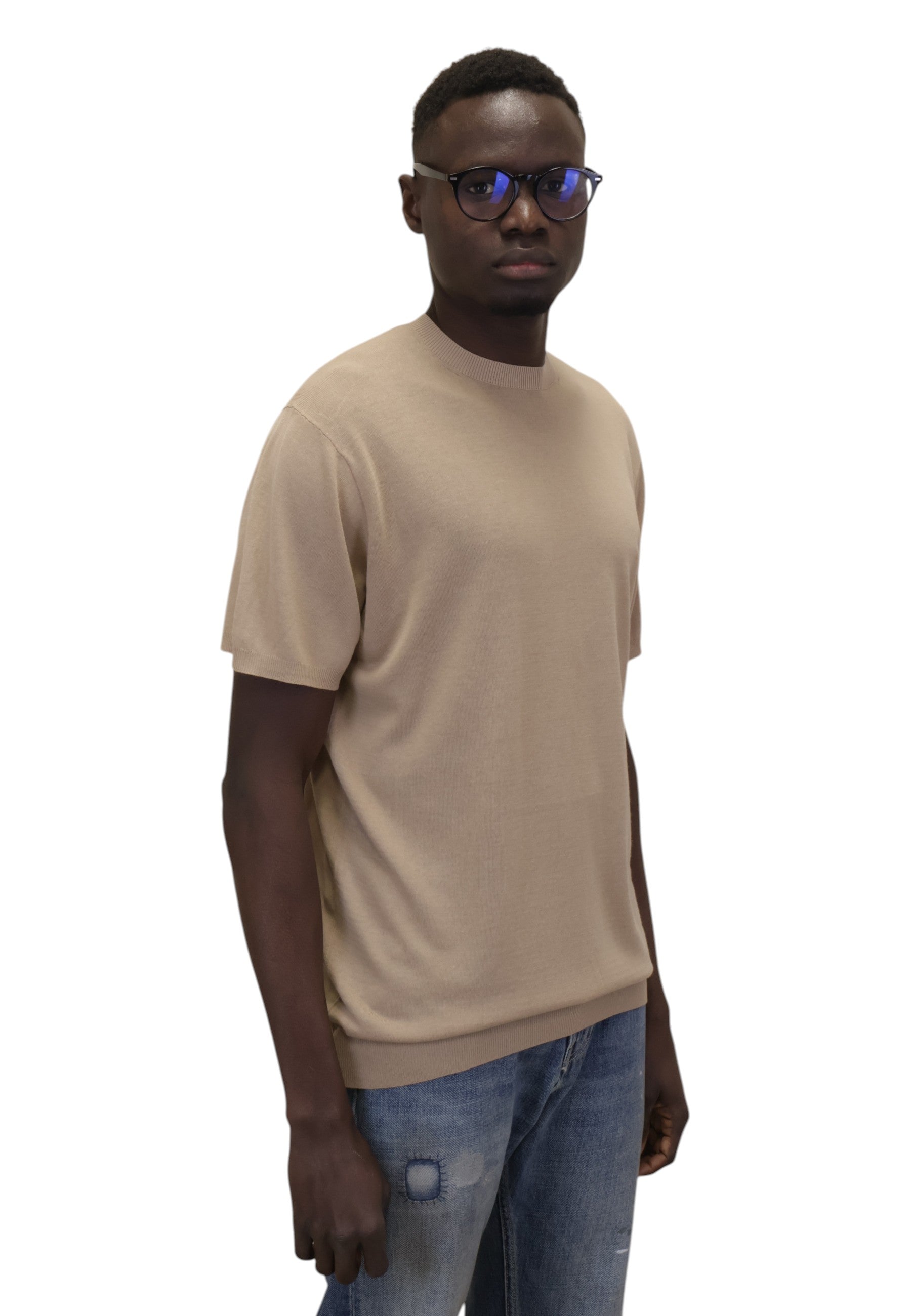 GIROCOLLO MANICA CORTA Beige Blu Cashmere