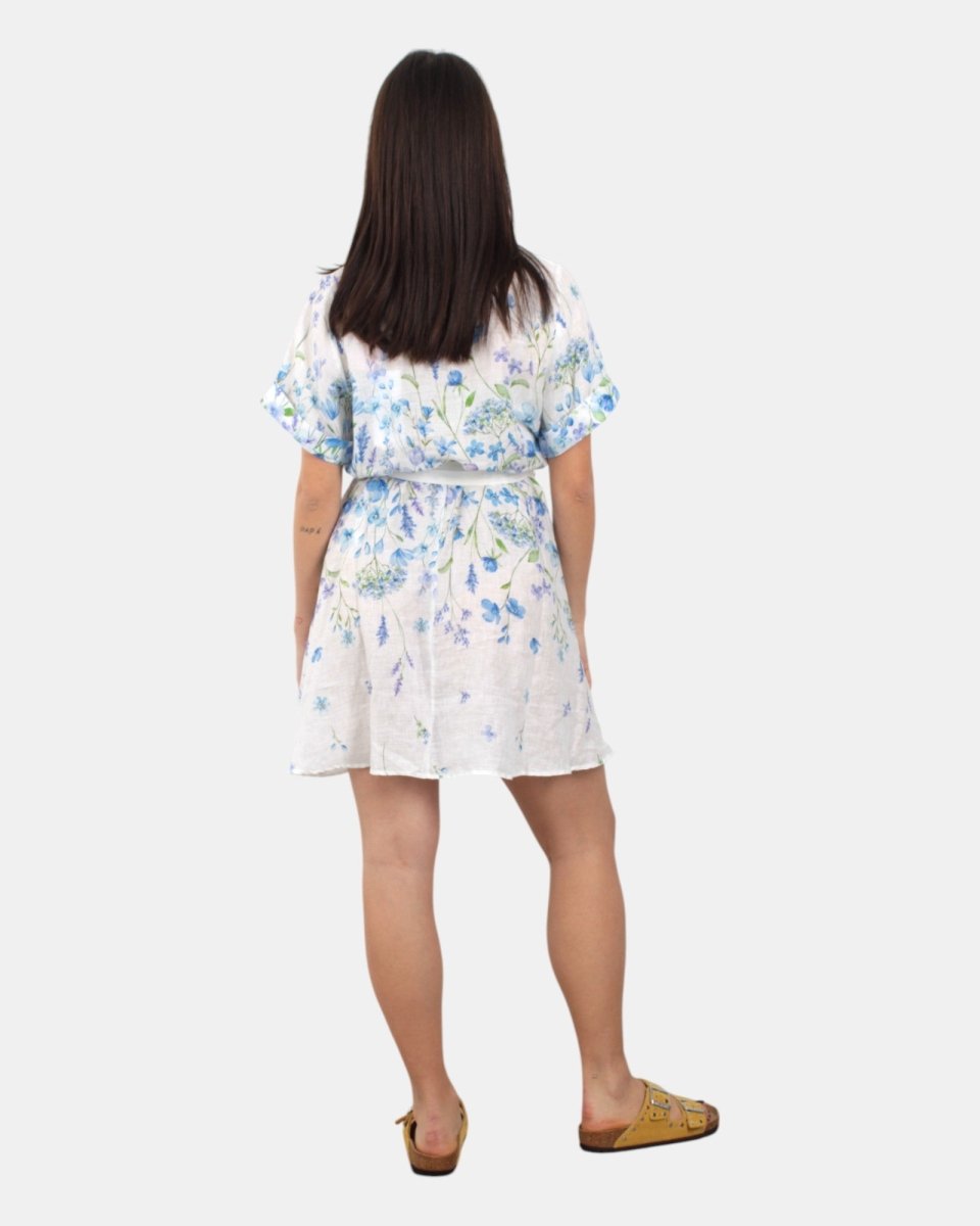 WOMAN SHORT DRESS - LINEN FLOWER BLUE 01 - 10Decimi