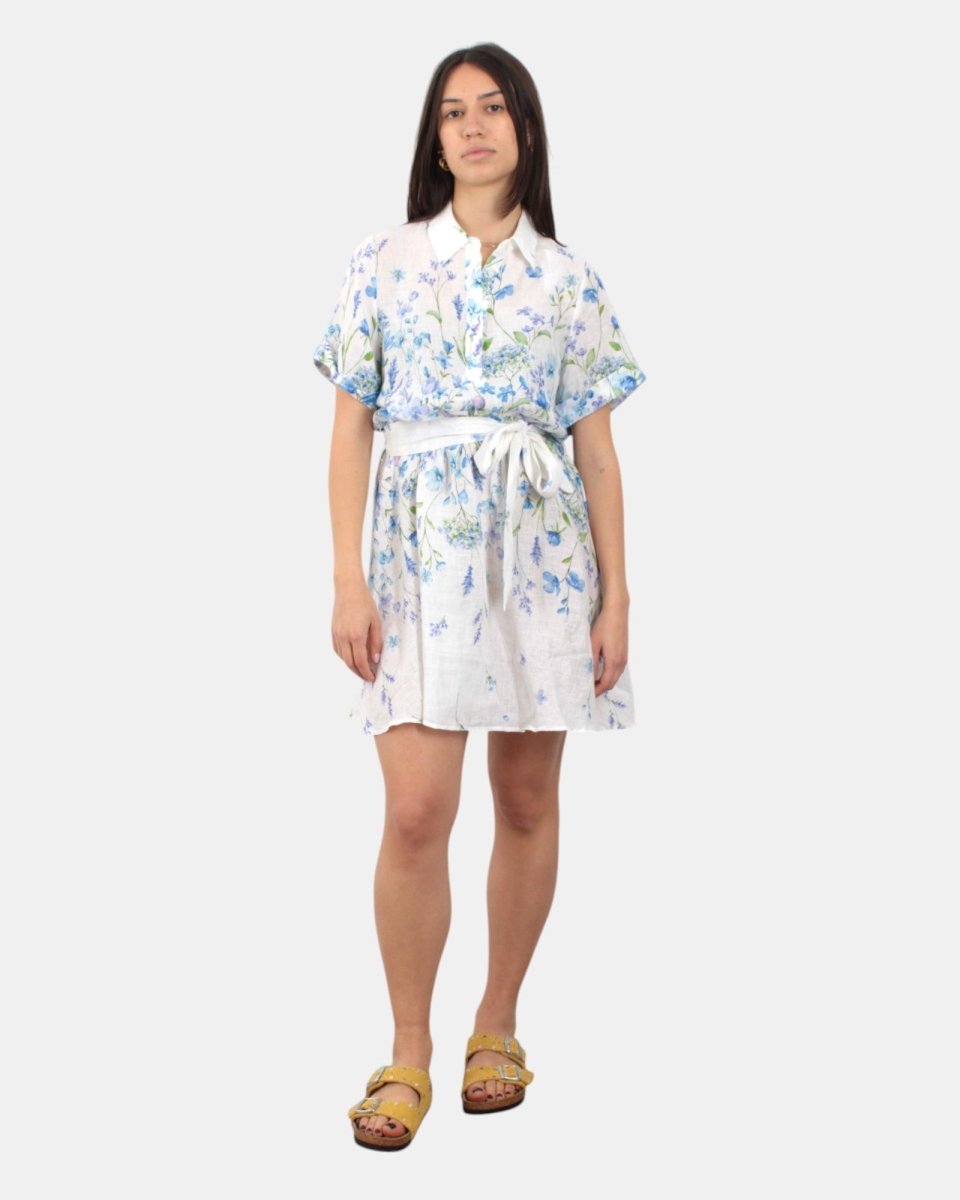 WOMAN SHORT DRESS - LINEN FLOWER BLUE 01 - 10Decimi