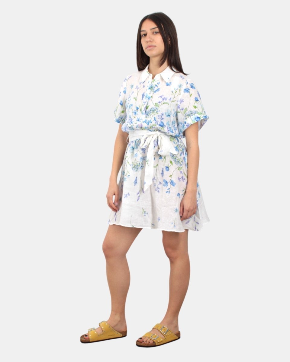 WOMAN SHORT DRESS - LINEN FLOWER BLUE 01 - 10Decimi
